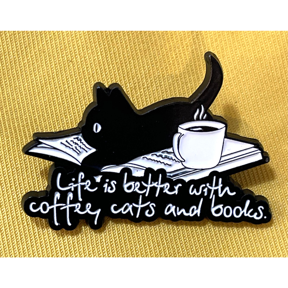 NWOT Life Is Better With Coffee Cats And Books Black Cat Enamel Lapel Pin Brooch